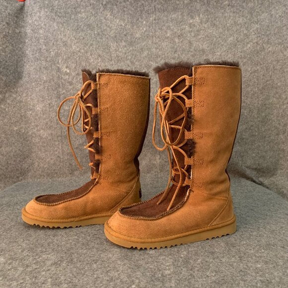 UGG Australia 5278 Tall Sheepskin Girls Youth Brown Tan Suede Lace Up Boots - Picture 4 of 10